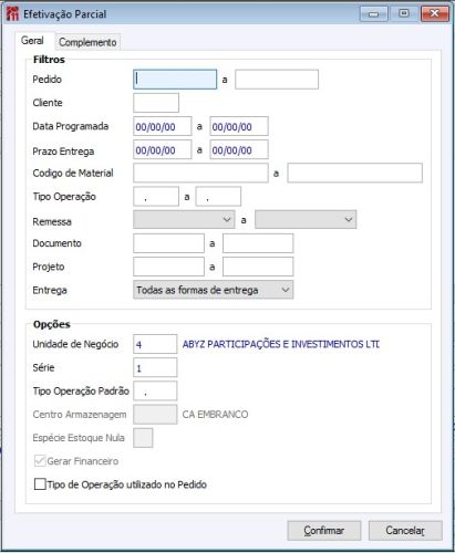 Botão Efetivar Parcial