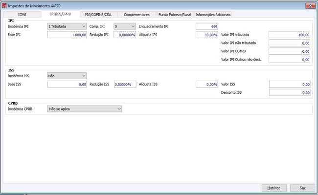 Impostos Movto IPI/ISS/CPRB