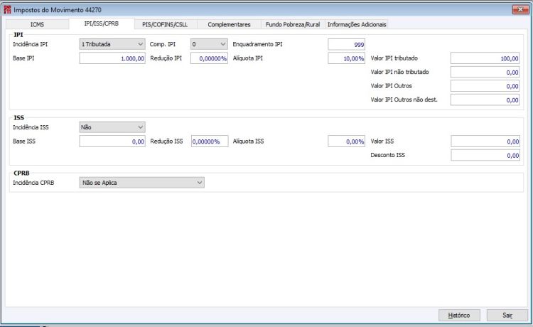Impostos Movto IPI/ISS/CPRB