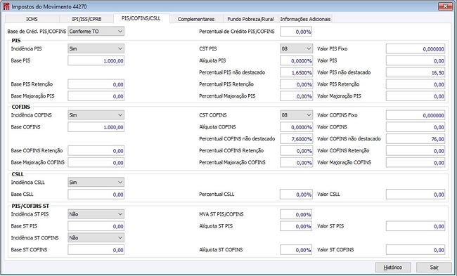 Impostos Movto PIS/COFINS/CSLL