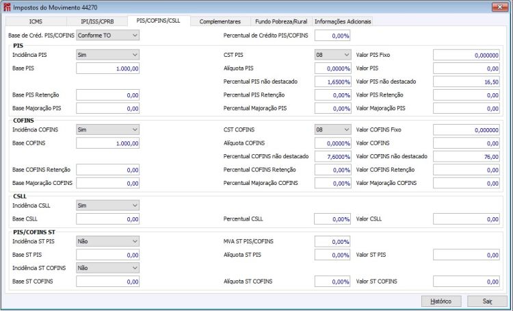 Impostos Movto PIS/COFINS/CSLL