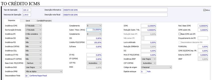 Tipo de Operação Crédito ICMS
