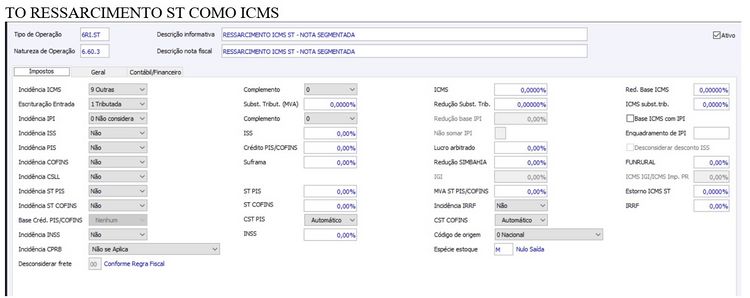 Tipo de Operação Ressarcimento ST