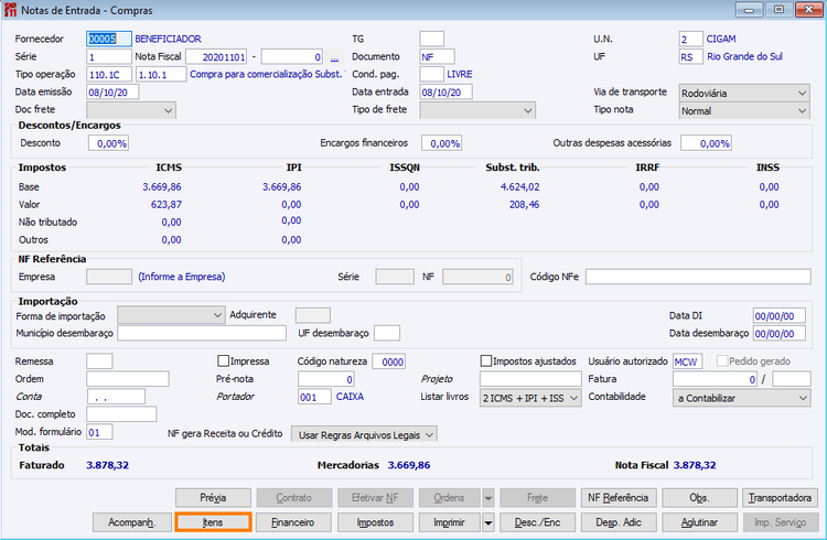 Capa NF de Entrada Insumos
