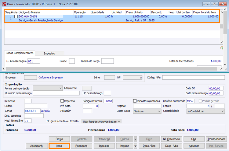 Capa NF de Entrada Cobrança Serviços