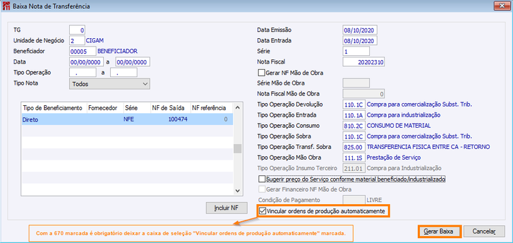 Baixa Nota de Transferência 670 marcada