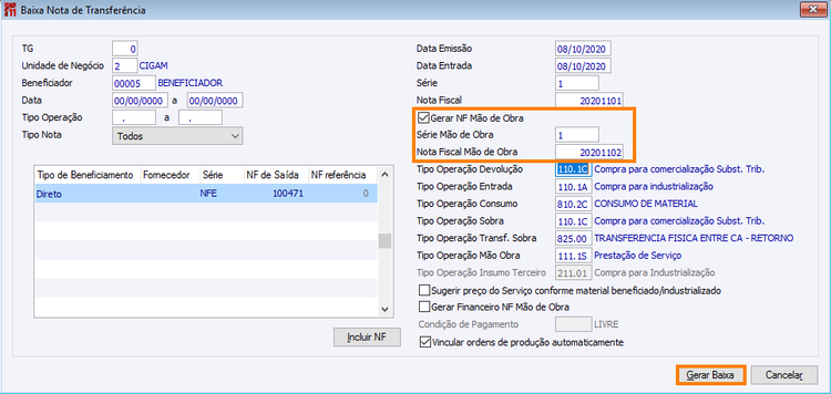 Baixa Nota de Transferência Notas Separadas