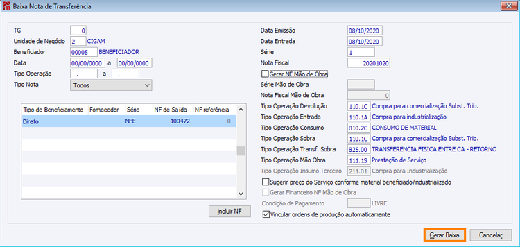 Baixa Nota de Transferência com Ordem de Compra