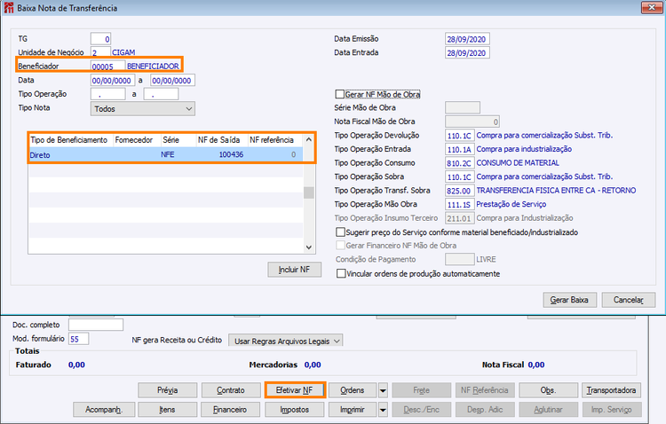 Baixa Nota de Transferência Sem OP