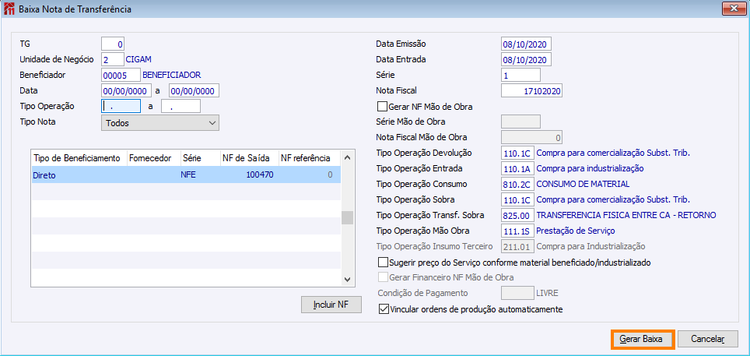 Baixa Nota de Transferência Serviço Desvinculado