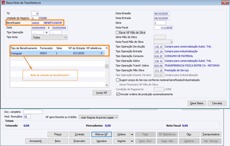 Baixa Nota de Transferência Triangular