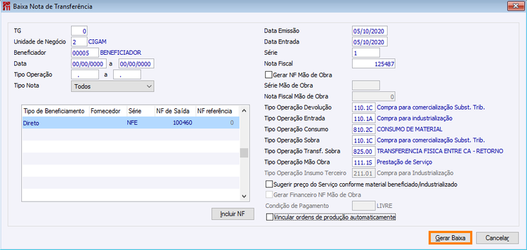 Baixa Nota de Transferência Vinculada