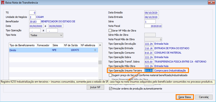 Baixa Nota de Transferência Vinculada