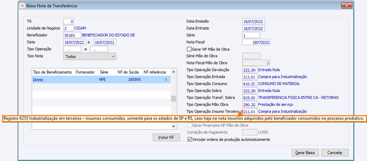 Baixa Nota de Transferência Vinculada