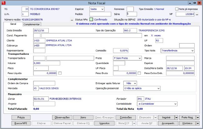 Nota Fiscal Transferência ICMS