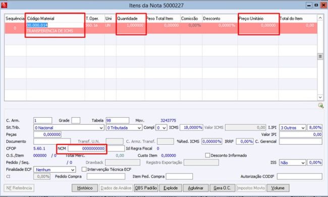 Nota Fiscal Transferência ICMS