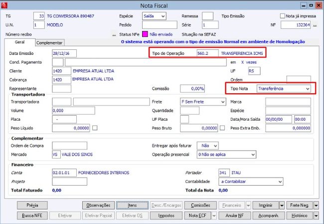 Nota Fiscal Transferência ICMS