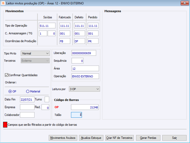 Leitor de movimentos de produção