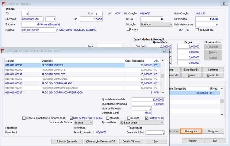 OP criada para envio