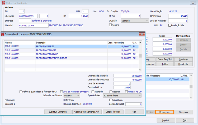 OP criada para envio
