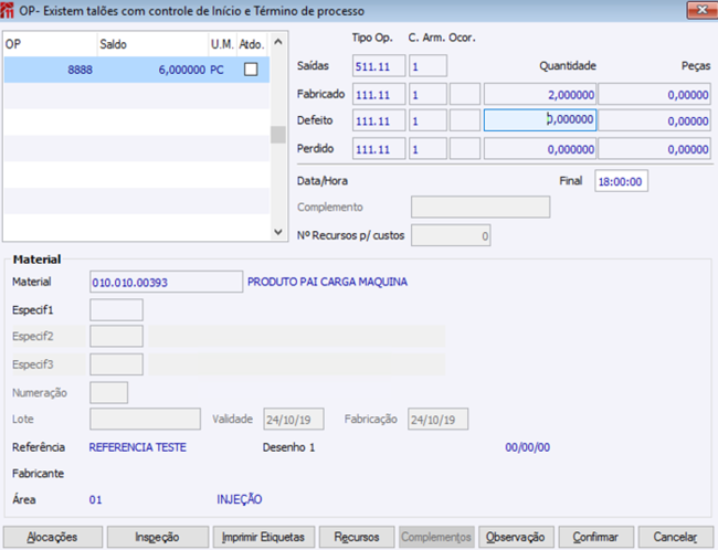 OP - Existem Talões com Controle de início e Término de Processo