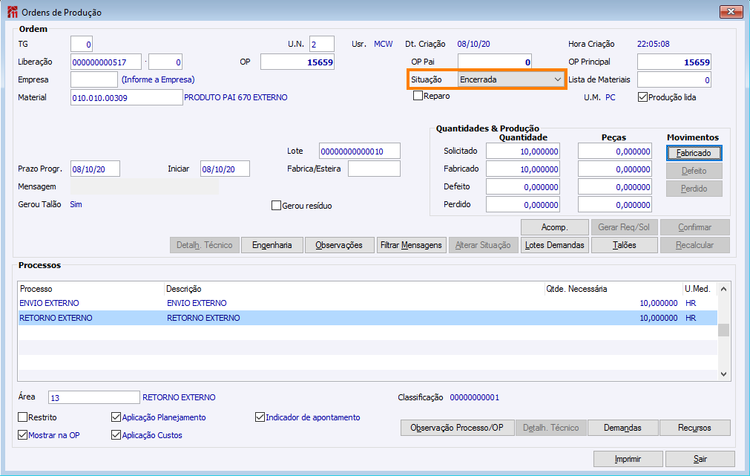 OP Liberada com quantidade Fabricada