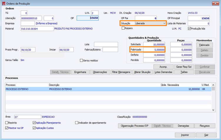 OP Liberada com quantidade Fabricada