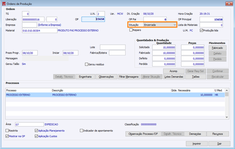 OP Liberada com quantidade Fabricada