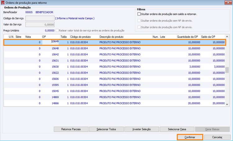 Ordens de produção para retorno