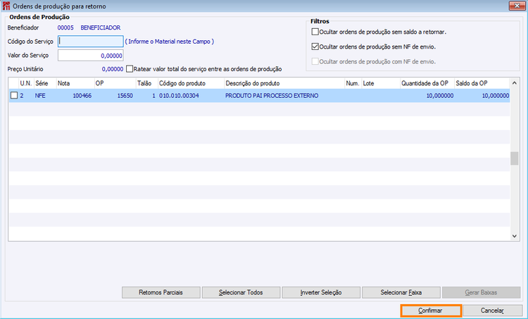 Ordens de produção para retorno
