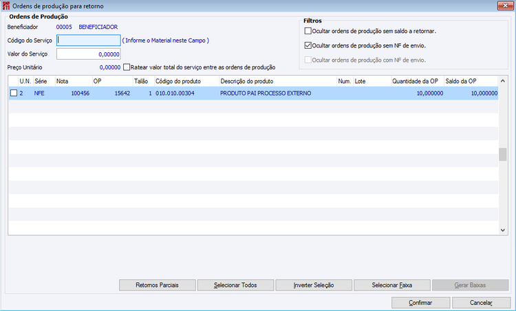 Ordens de produção para retorno