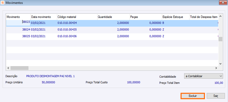 Ordem de desmontagem Excluir Movimento