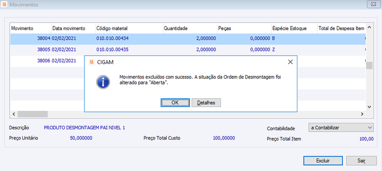 Ordem de desmontagem Movimentos Excluídos