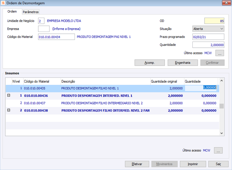 Ordem de desmontagem Insumos