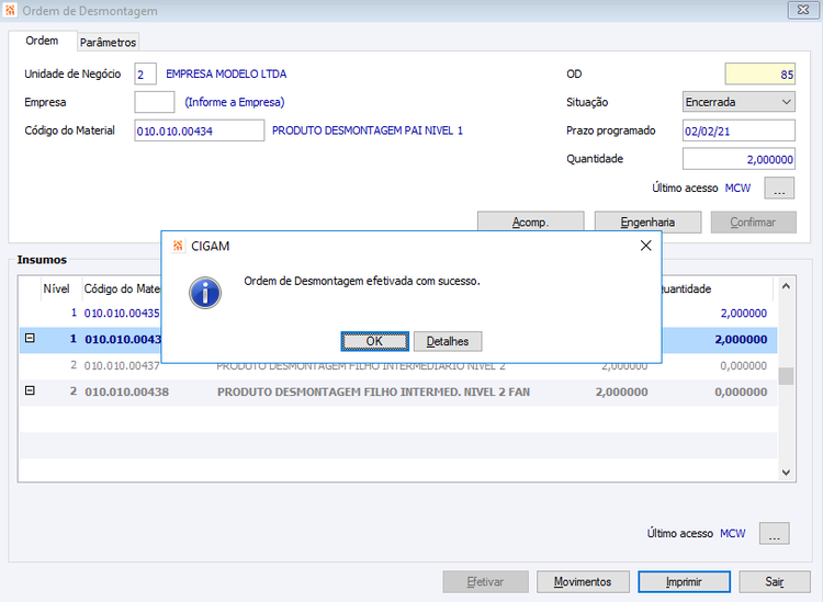 Ordem de desmontagem Mensagem Sucesso