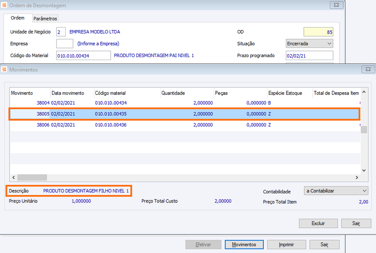Ordem de desmontagem Movimentos