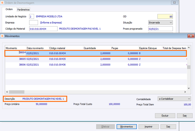 Ordem de desmontagem Movimentos