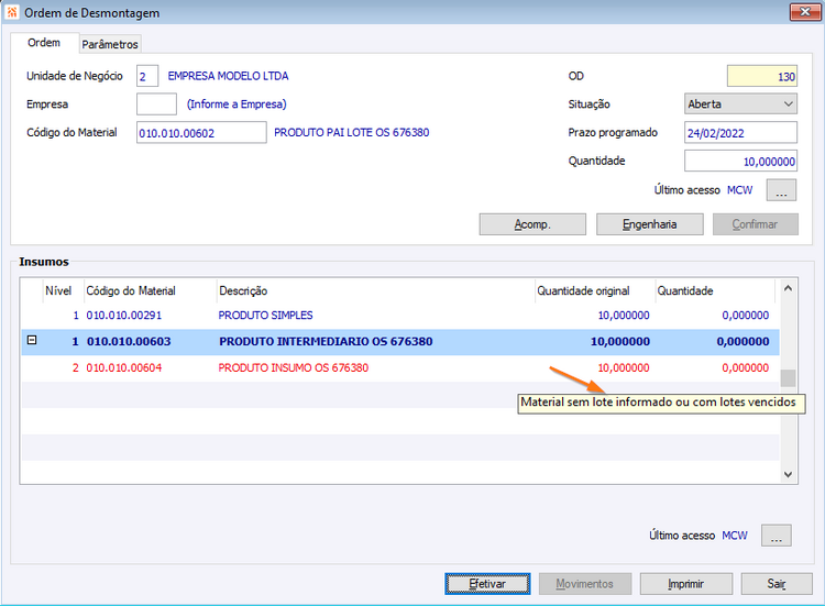 Ordem de desmontagem Sugestão Lote