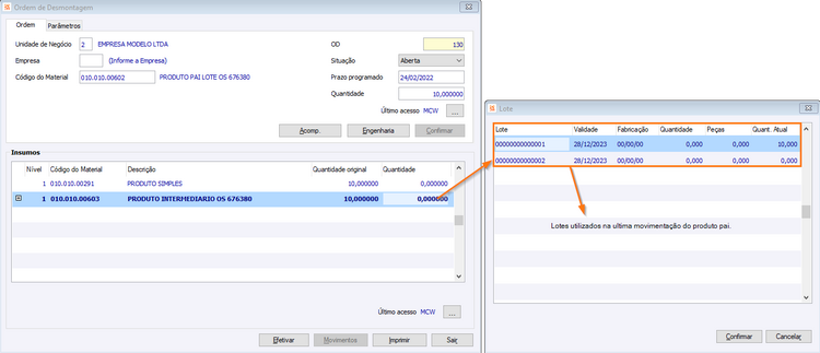 Ordem de desmontagem Sugestão Lote
