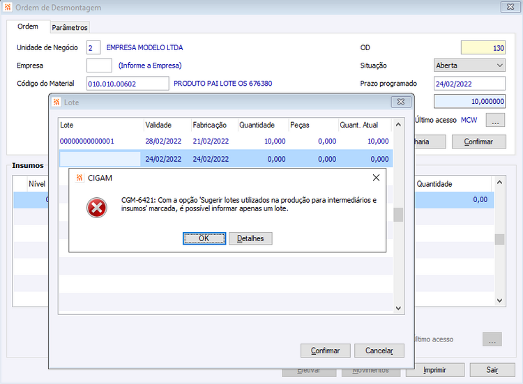 Ordem de desmontagem Produto Pai Mensagem