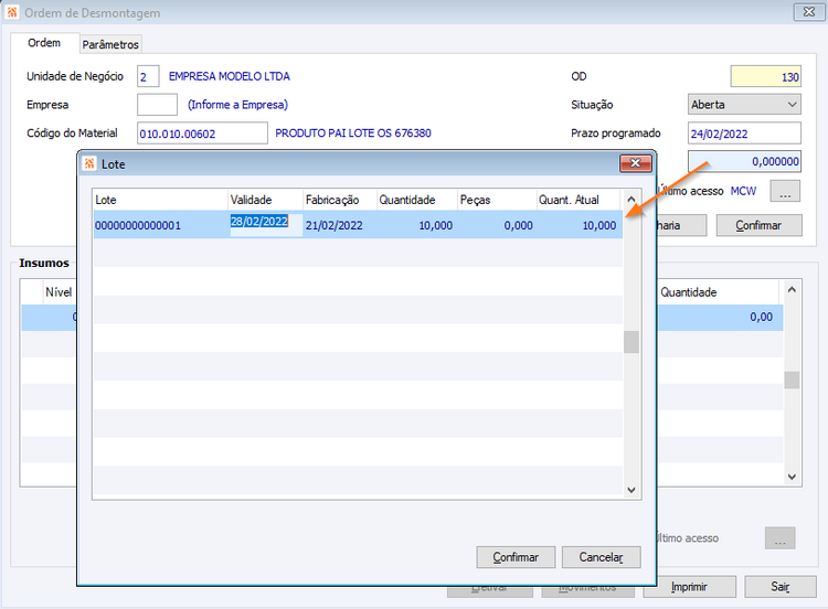 Ordem de desmontagem Produto Pai