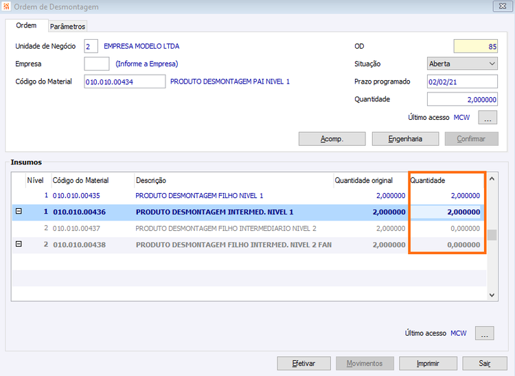 Ordem de desmontagem Insumos Quantidade