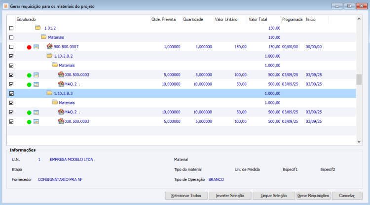 Gerar requisição para os materiais do projeto
