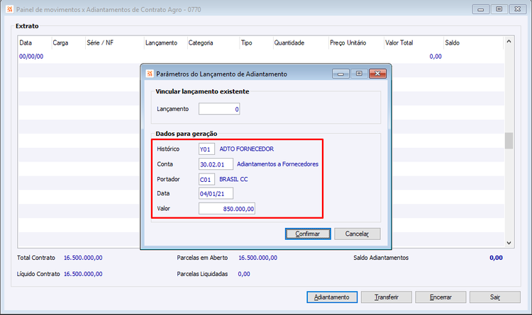 Baixa de Contratos por Cargas com Painel de Adiantamentos