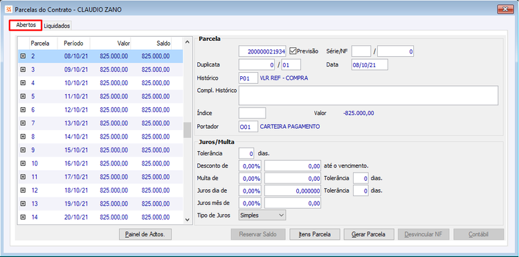 Baixa de Contratos por Cargas com Painel de Adiantamentos