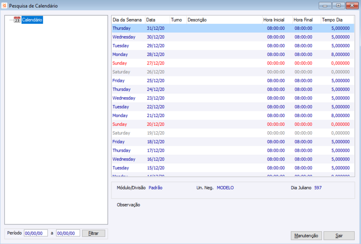 Pesquisa de Calendário