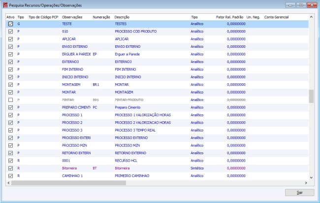 Pesquisa Recurso/Operações/Observações