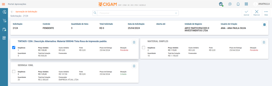 Aprovação Itens Solicitação