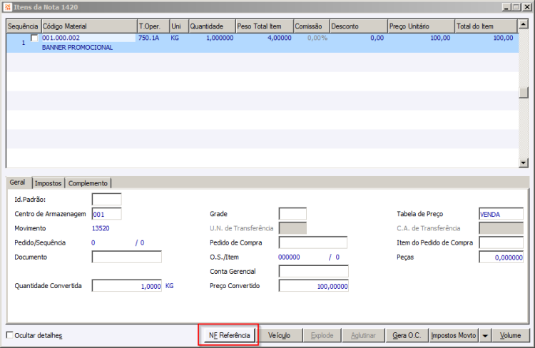 Item da Nota Fiscal Botão NF Referencia