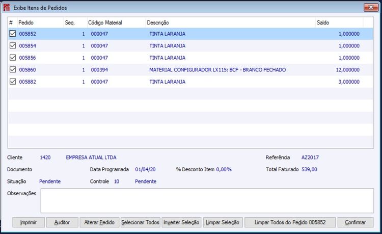 Reprogramar Itens de Pedido Itens